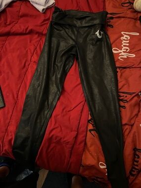 aerie Black Shiny Faux-Leather Leggings with Swoop Detail